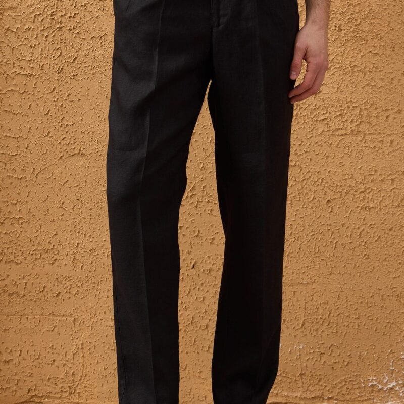 Men’s Black Linen Smart Casual 2 Piece Suit Zip Front Safari Style Summer 14 2023 men s black 100 linen pleated drawstring trousers relaxed straight fit happy gentleman 1 1 scaled - stylecityinc