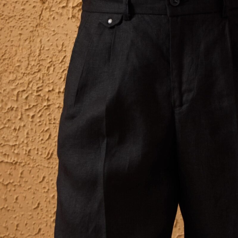 Men’s Black Linen Smart Casual 2 Piece Suit Zip Front Safari Style Summer 16 2023 men s black 100 linen pleated drawstring trousers relaxed straight fit happy gentleman 3 1 scaled - stylecityinc