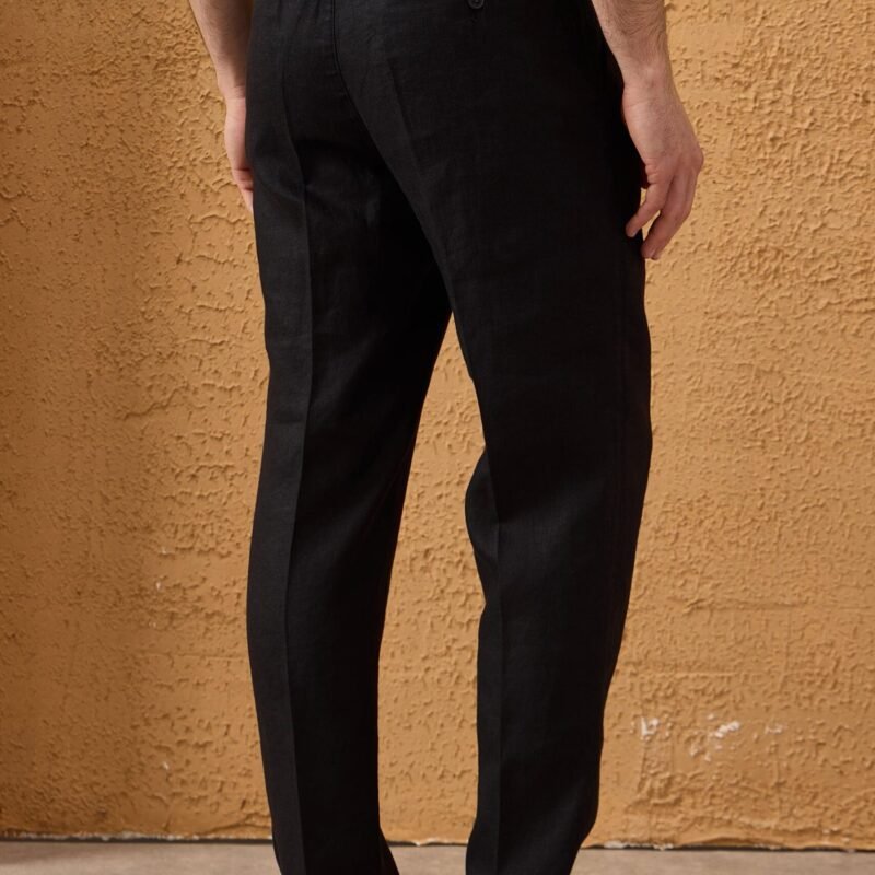 Men’s Black Linen Smart Casual 2 Piece Suit Zip Front Safari Style Summer 17 2023 men s black 100 linen pleated drawstring trousers relaxed straight fit happy gentleman 4 1 scaled - stylecityinc