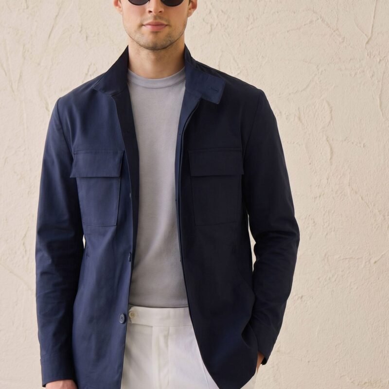Men’s Navy Cotton Blend Safari Jacket & White Trousers Set Smart Casual Outfit