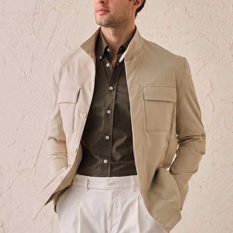 Men’s Beige Cotton Blend Safari Jacket & White Trousers Set Smart Casual Outfit