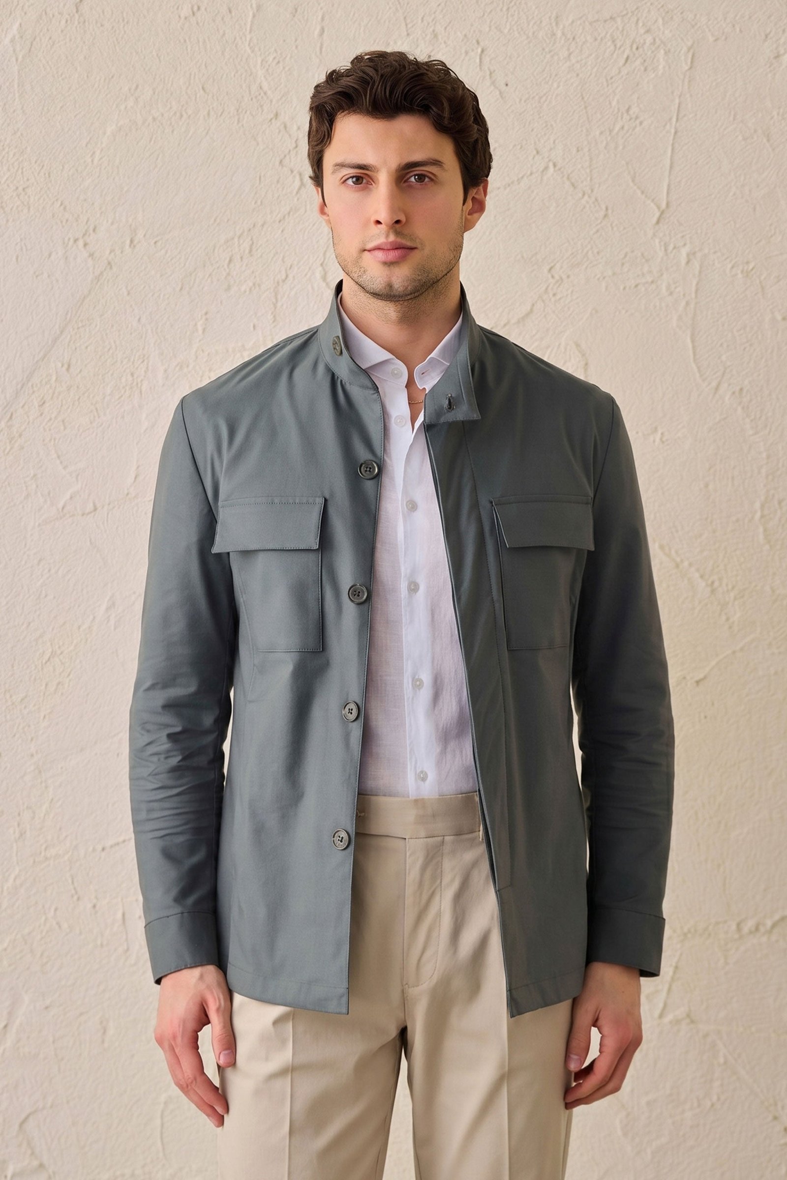 Men’s Sage Green Cotton Blend Safari Jacket & Beige Trousers Set Smart Casual Outfit 1 Men’s Sage Green Cotton Blend Safari Jacket & Beige Trousers Set Smart Casual Outfit