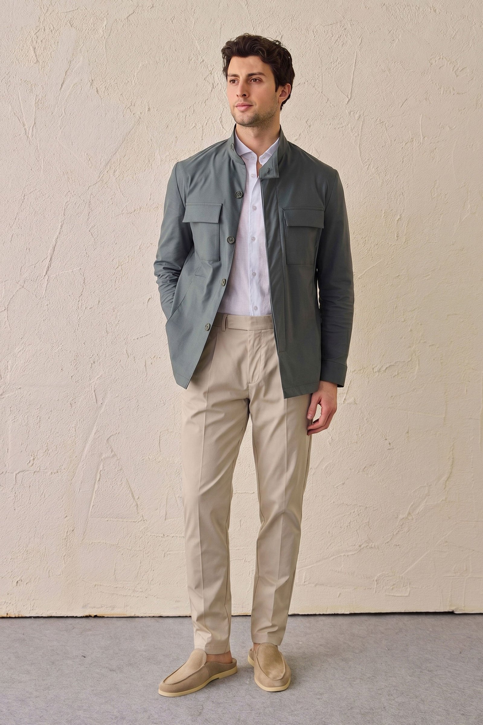 Men’s Sage Green Cotton Blend Safari Jacket & Beige Trousers Set Smart Casual Outfit 3 Men’s Sage Green Cotton Blend Safari Jacket & Beige Trousers Set Smart Casual Outfit - Image 3