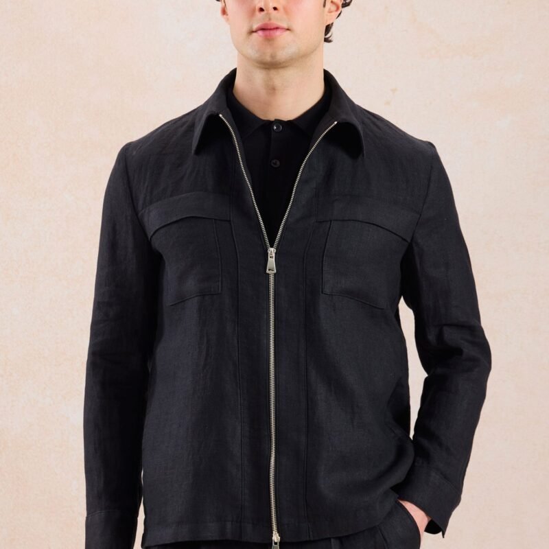 Men’s Black Linen Smart Casual 2 Piece Suit Zip Front Safari Style Summer