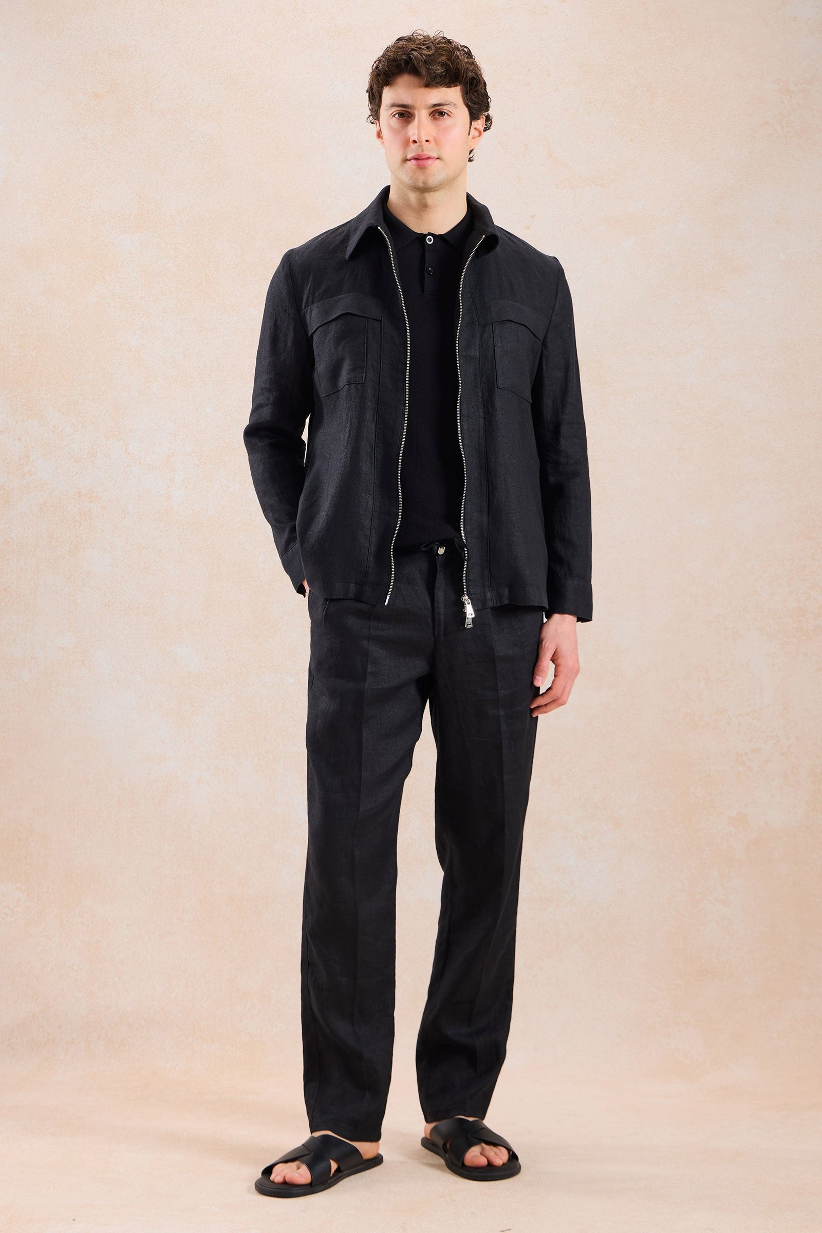 Men’s Black Linen Smart Casual 2 Piece Suit Zip Front Safari Style Summer 2 Men’s Black Linen Smart Casual 2 Piece Suit Zip Front Safari Style Summer - Image 2