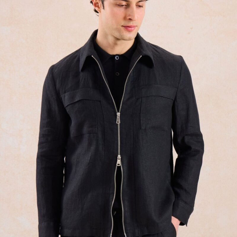 Men’s Black Linen Smart Casual 2 Piece Suit Zip Front Safari Style Summer 13 e4014 men s black linen zip up shirt jacket lightweight summer suit happy gentleman 5 scaled - stylecityinc