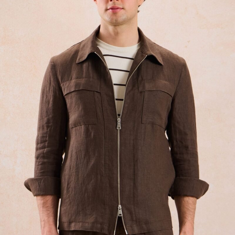 Men’s Brown Linen Smart Casual 2 Piece Suit Zip Front Safari Style Summer