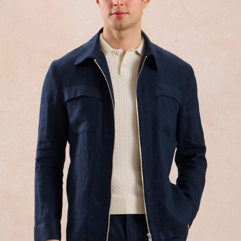 Men’s Navy Linen Smart Casual 2 Piece Suit Zip Front Safari Style Summer