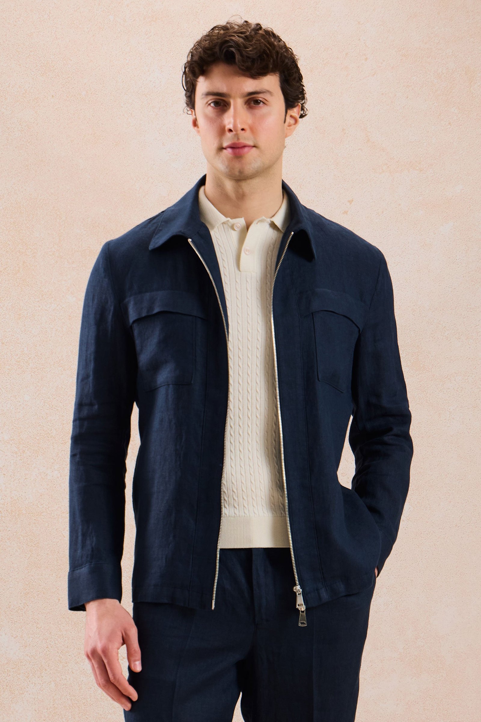 Men’s Navy Linen Smart Casual 2 Piece Suit Zip Front Safari Style Summer 1 Men’s Navy Linen Smart Casual 2 Piece Suit Zip Front Safari Style Summer
