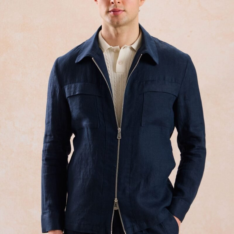 Men’s Navy Linen Smart Casual 2 Piece Suit Zip Front Safari Style Summer 17 e4014 men s navy linen zip up shirt jacket lightweight summer casualsuit happy gentleman 3 scaled - stylecityinc