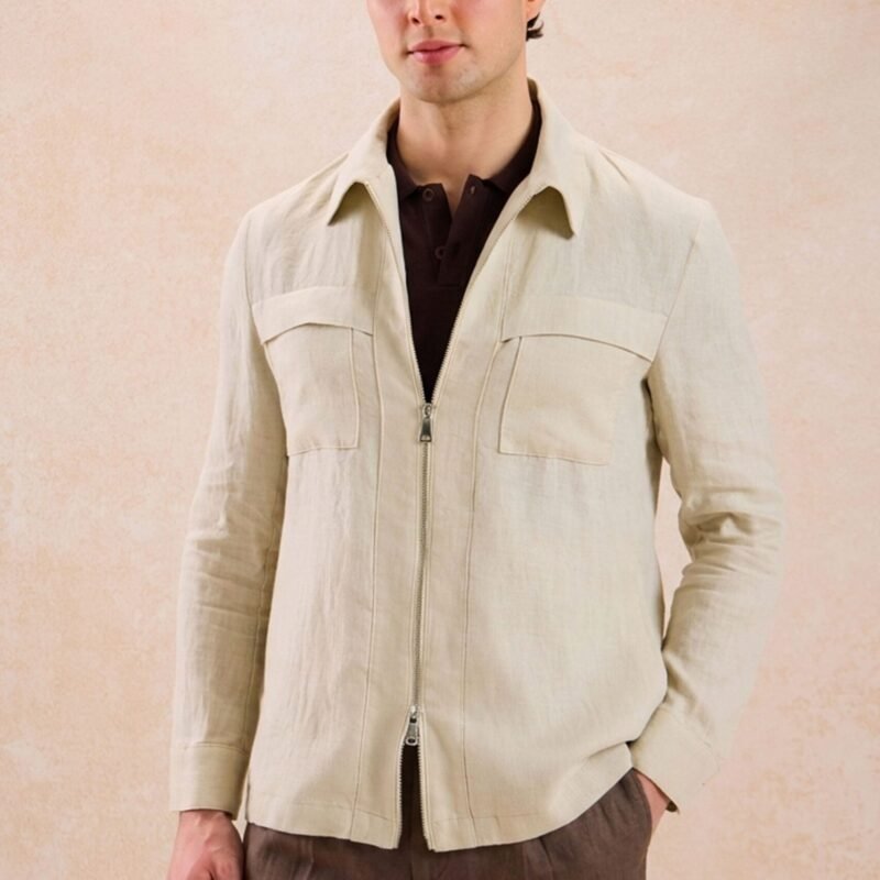 Men’s Beige Zip Linen Jacket & Brown Trousers Set Smart Casual Summer Outfit