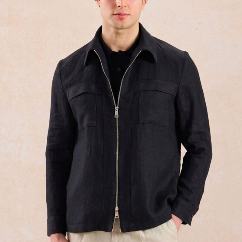 Men’s Black Zip Linen Jacket & Beige Trousers Set Smart Casual Summer Outfit