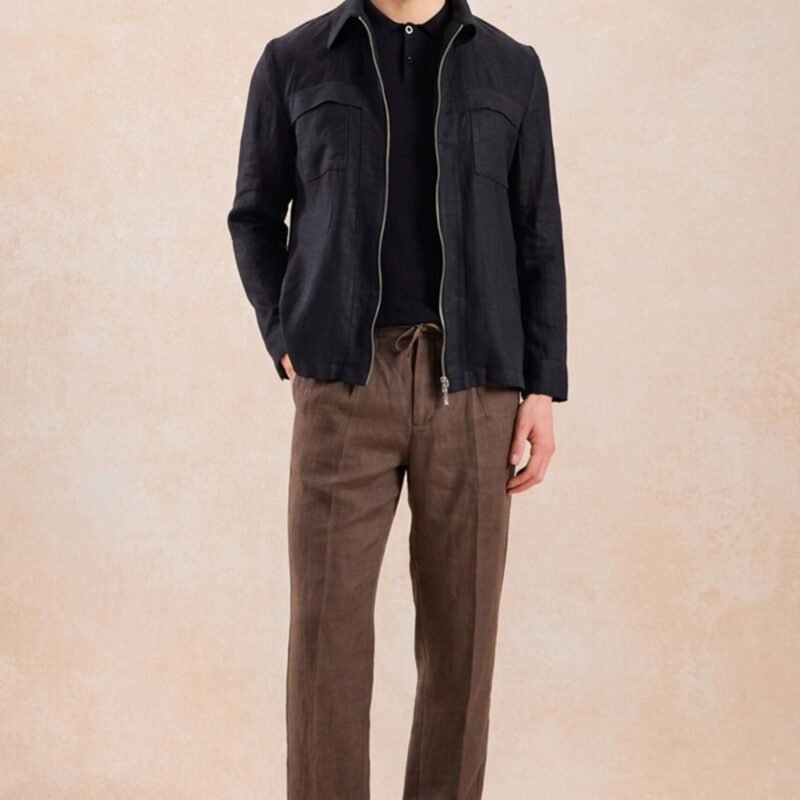 Men’s Black Zip Linen Jacket & Brown Trousers Set Smart Casual Summer Outfit 8 men s black zip linen jacket brown trousers set smart casual summer outfit 1 scaled - stylecityinc