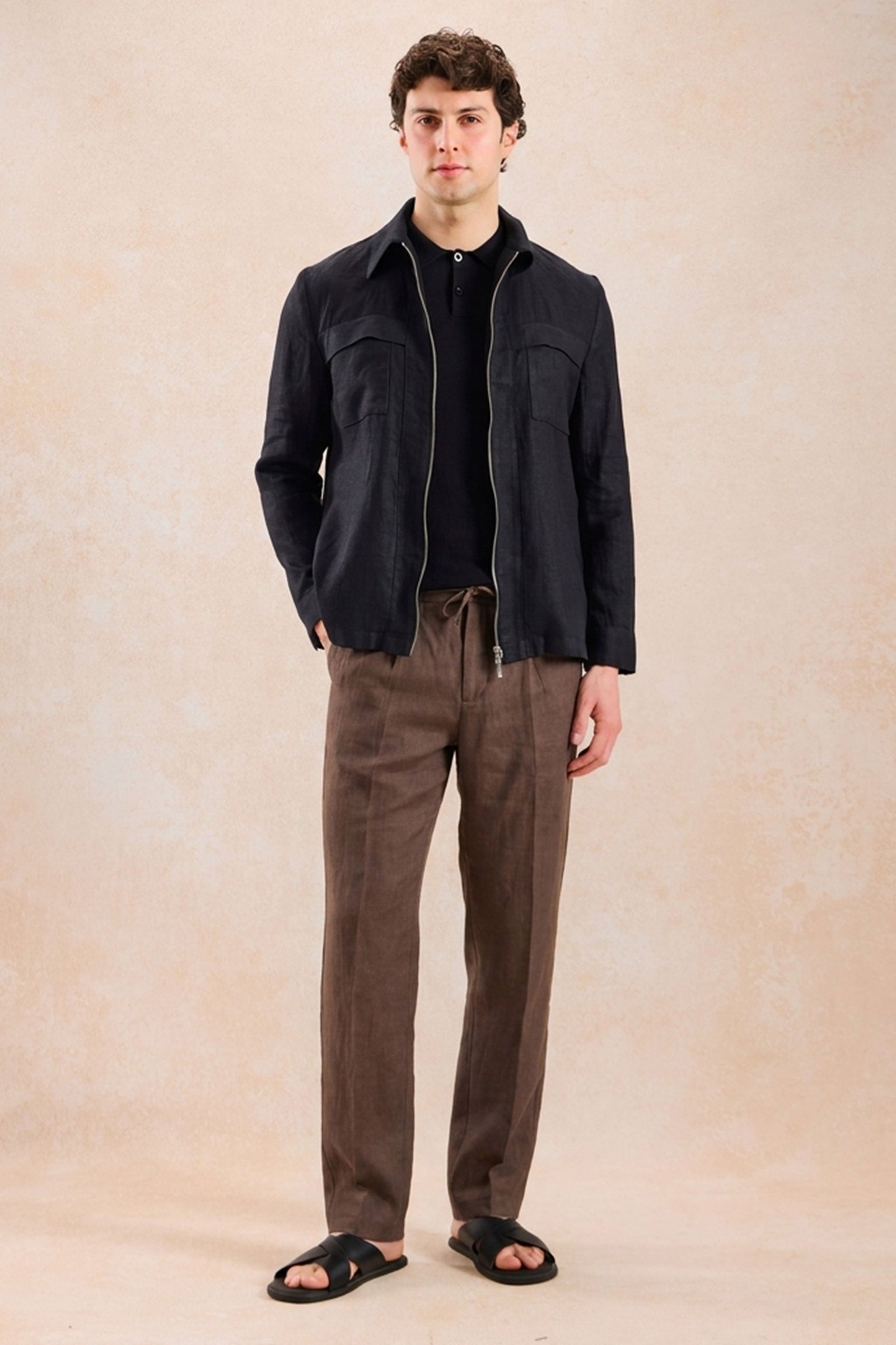 Men’s Black Zip Linen Jacket & Brown Trousers Set Smart Casual Summer Outfit 2 Men’s Black Zip Linen Jacket & Brown Trousers Set Smart Casual Summer Outfit - Image 2