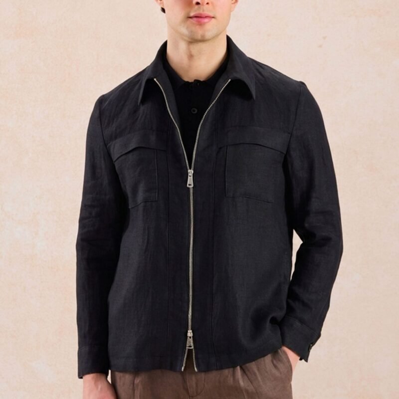 Men’s Black Zip Linen Jacket & Brown Trousers Set Smart Casual Summer Outfit