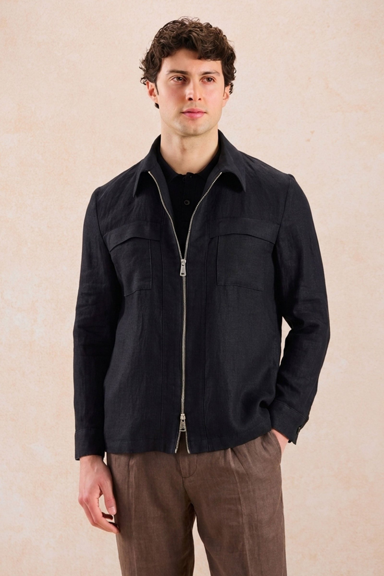 Men’s Black Zip Linen Jacket & Brown Trousers Set Smart Casual Summer Outfit 1 Men’s Black Zip Linen Jacket & Brown Trousers Set Smart Casual Summer Outfit