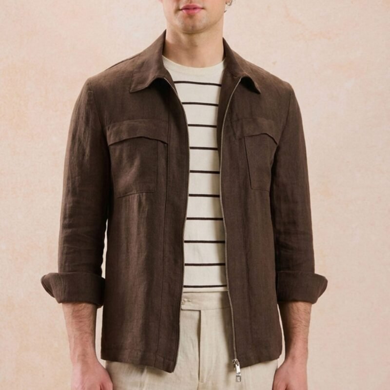 Men’s Brown Zip Linen Jacket & Beige Trousers Set Smart Casual Summer Outfit