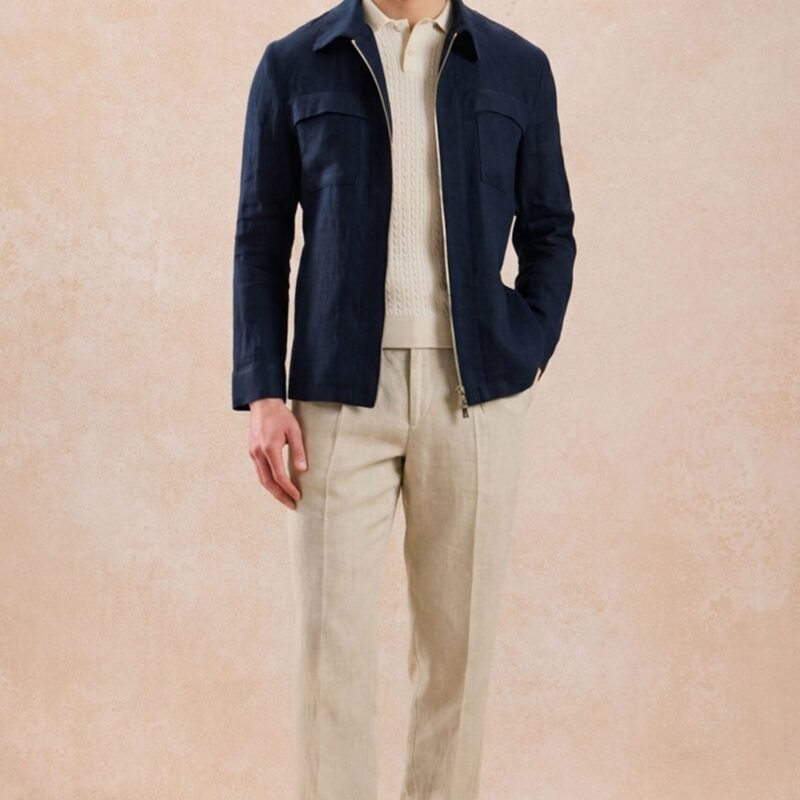 Men’s Navy Zip Linen Jacket & Beige Trousers Set Smart Casual Summer Outfit 8 men s navy zip linen jacket beige trousers set smart casual summer outfit 4 scaled - stylecityinc