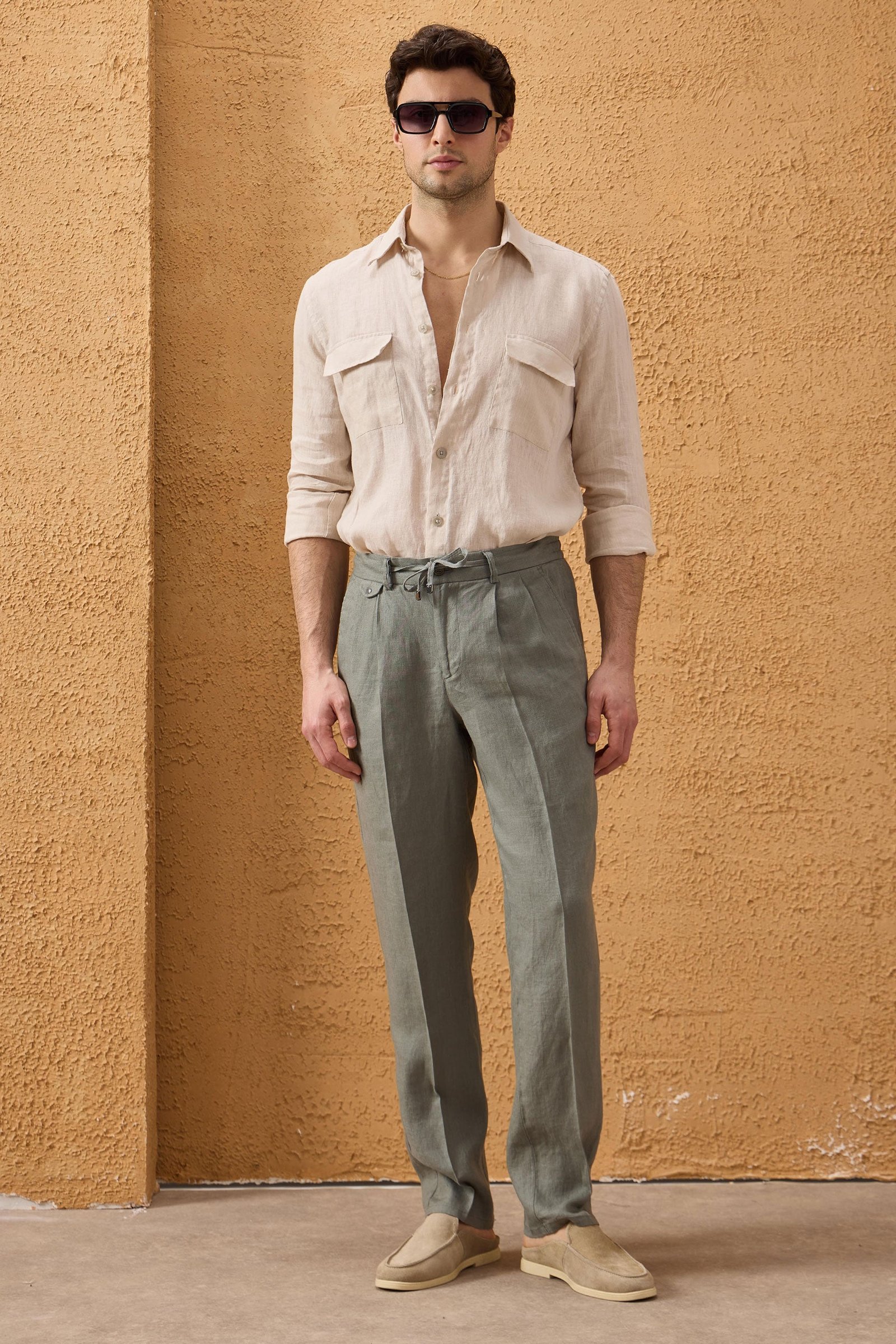 Men’s Navy Zip Linen Jacket & Sage Trousers Set Smart Casual Summer Outfit 6 Men’s Navy Zip Linen Jacket & Sage Trousers Set Smart Casual Summer Outfit - Image 6