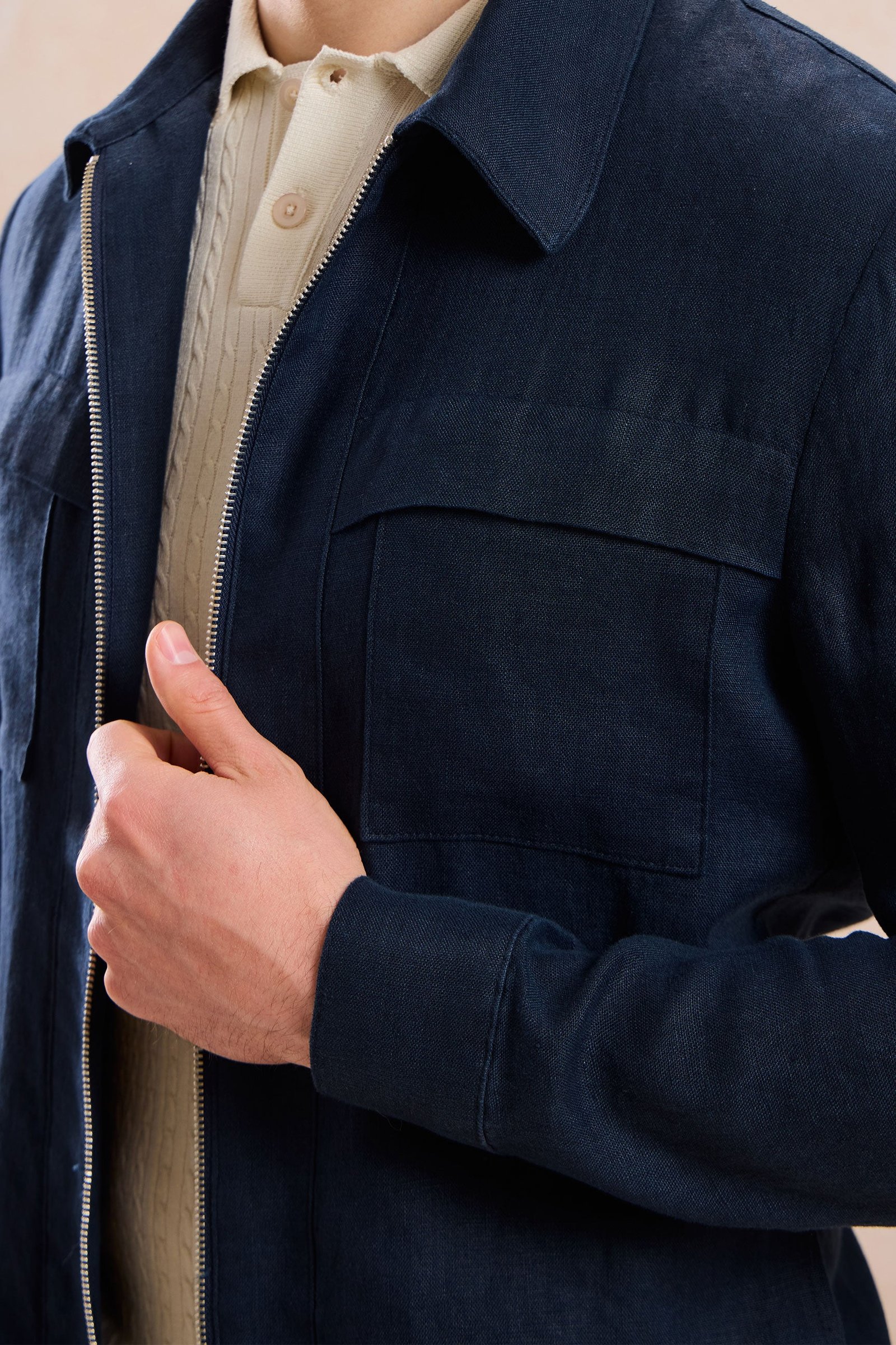 Men’s Navy Zip Linen Jacket & Sage Trousers Set Smart Casual Summer Outfit 3 Men’s Navy Zip Linen Jacket & Sage Trousers Set Smart Casual Summer Outfit - Image 3