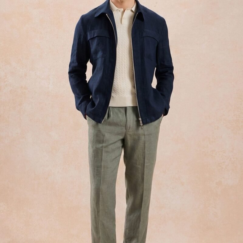 Men’s Navy Zip Linen Jacket & Sage Trousers Set Smart Casual Summer Outfit 9 men s navy zip linen jacket sage trousers set smart casual summer outfit 8 scaled - stylecityinc