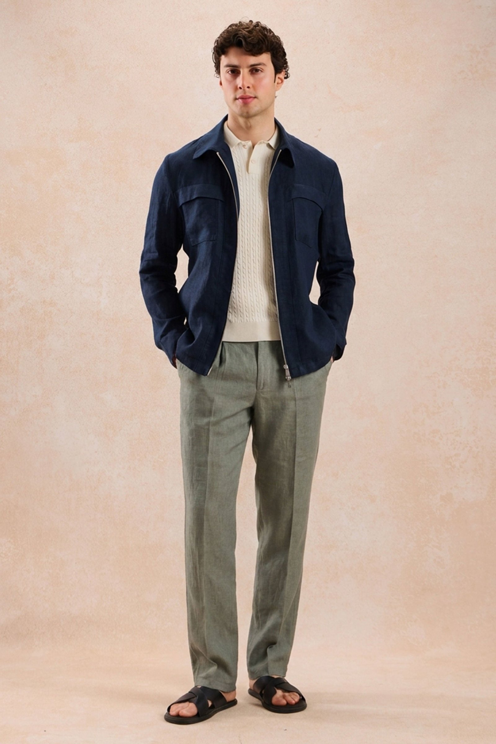 Men’s Navy Zip Linen Jacket & Sage Trousers Set Smart Casual Summer Outfit 2 Men’s Navy Zip Linen Jacket & Sage Trousers Set Smart Casual Summer Outfit - Image 2