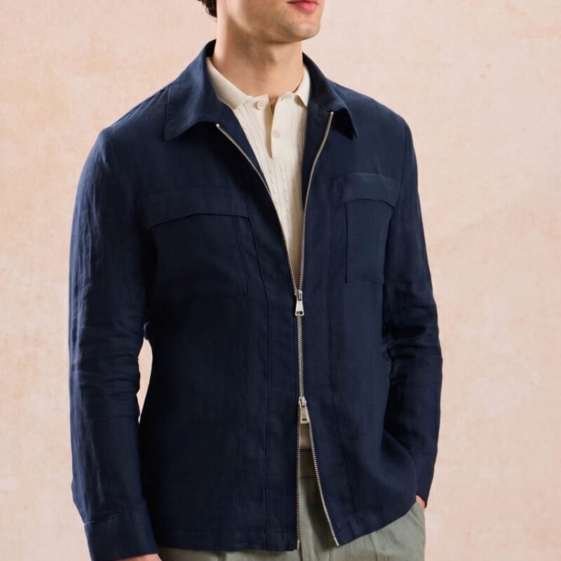 Men’s Navy Zip Linen Jacket & Sage Trousers Set Smart Casual Summer Outfit