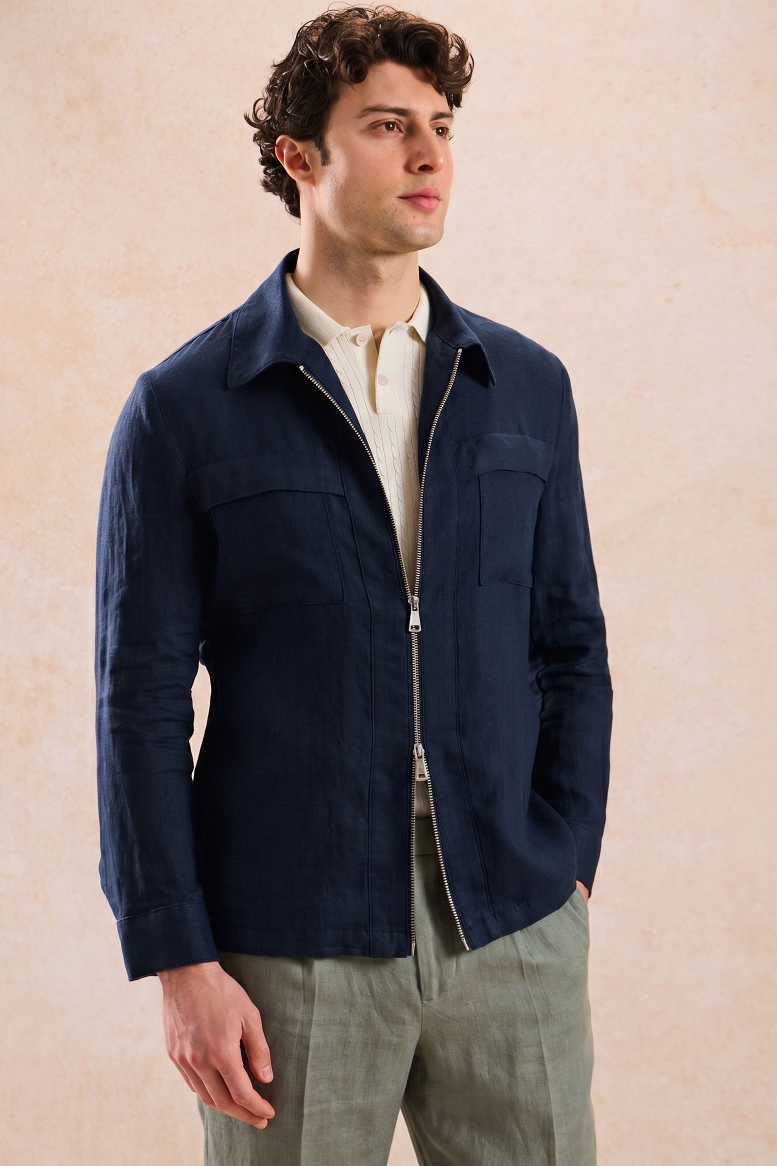 Men’s Navy Zip Linen Jacket & Sage Trousers Set Smart Casual Summer Outfit 1 Men’s Navy Zip Linen Jacket & Sage Trousers Set Smart Casual Summer Outfit