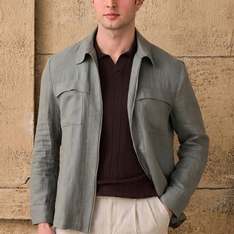 Men’s Sage Green Zip Linen Jacket & Beige Trousers Set Smart Casual Summer Outfit