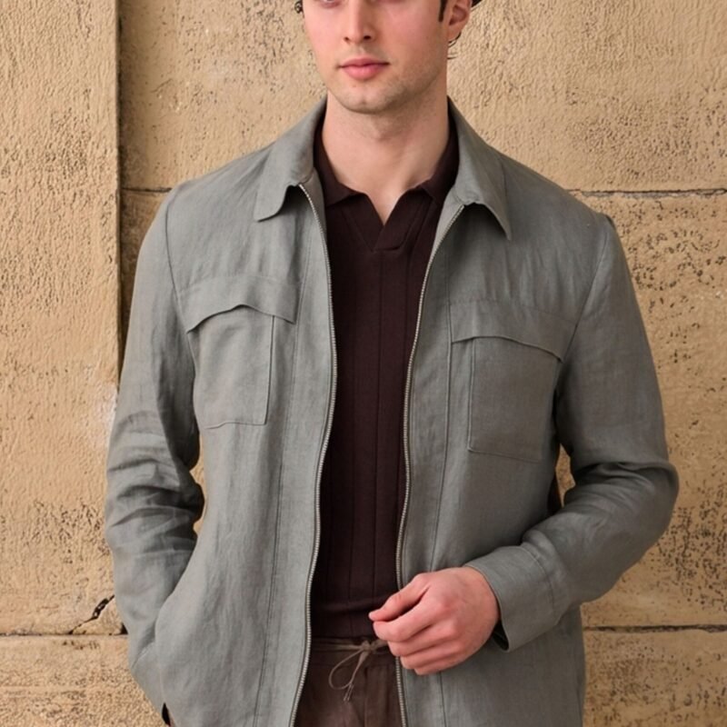 Men’s Sage Green Zip Linen Jacket & Brown Trousers Set Smart Casual Summer Outfit