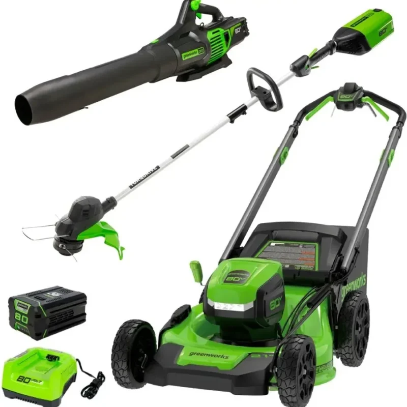 Greenworks 80V 21” Lawn Mower, 13” String Trimmer, and 730 Leaf Blowers. 9 1 431 1 - stylecityinc